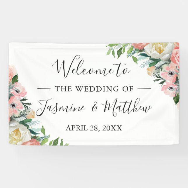 Bannière de bienvenue de mariage floral rose (Horizontal)