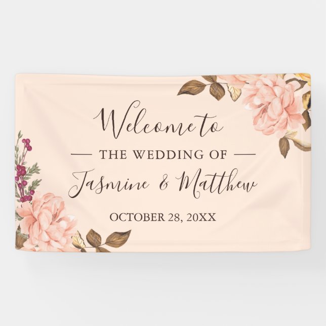 Bannière de bienvenue de mariage floral rose (Horizontal)