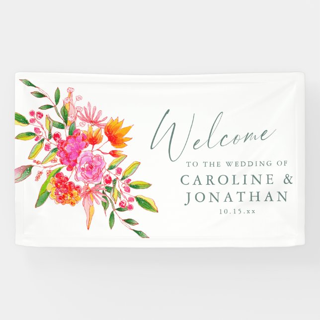 Bannière de bienvenue de mariage florale rose oran (Horizontal)