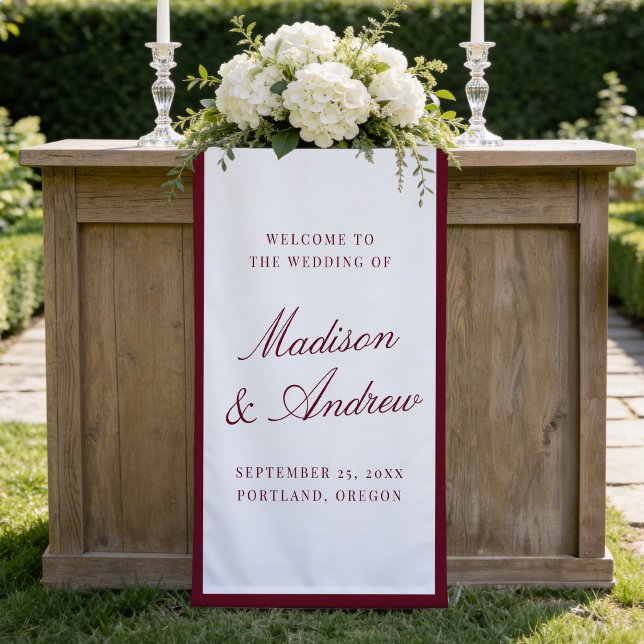 Bannière de bienvenue de mariage moderne bordeaux (Créateur téléchargé)