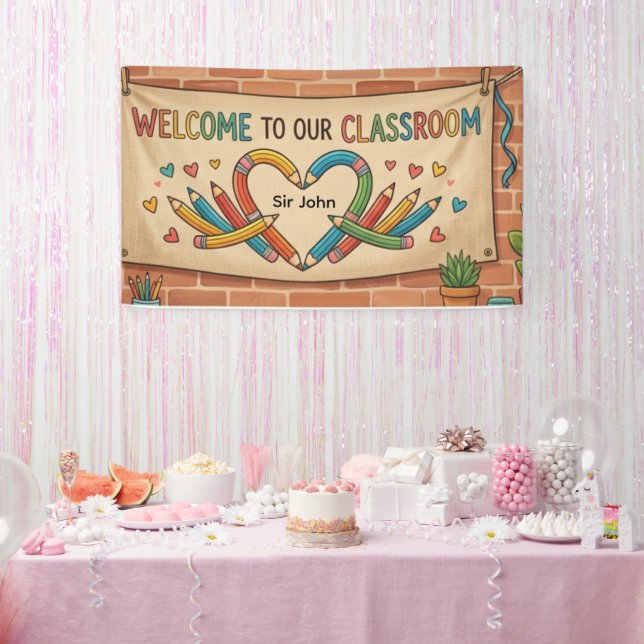 Bannière de bienvenue en forme de cœur avec crayon (Fête)