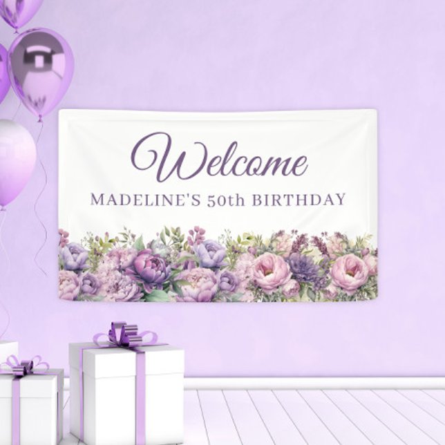 Bannière de bienvenue pour un 50e anniversaire aux (Elegant floral and script women's 50th birthday party banner)