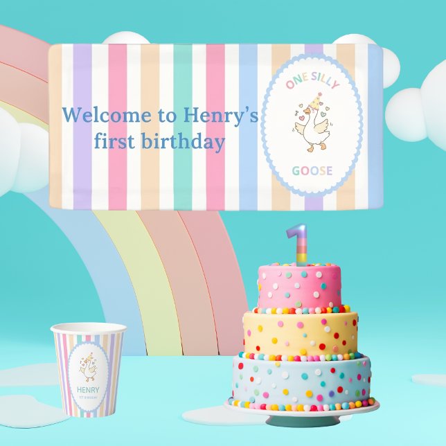 Bannière de chaise haute pour le premier anniversa (​Cute "One Silly Goose" high chair banner! Pastel stripes for the big #1. Perfect photo backdrop!)