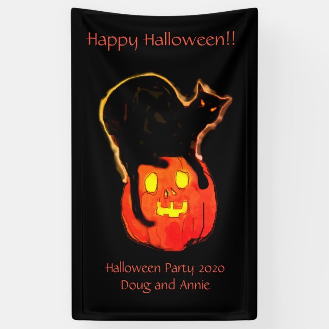 Bannière de chat noir Halloween sur une citrouille (Vertical)