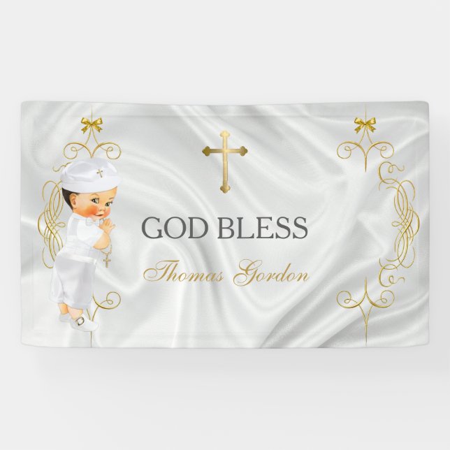Bannière de croix dorée pour le baptême d'un garço (Horizontal)
