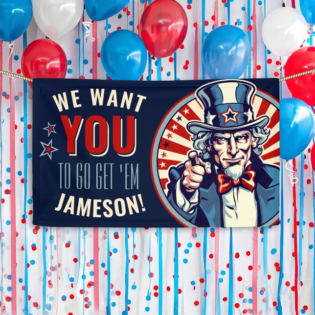 Bannière de fête d'adieu de l'oncle Sam militaire  (Vintage fun patriotic Uncle Sam We Want YOU US Military Going Away farewell party decoration banner )