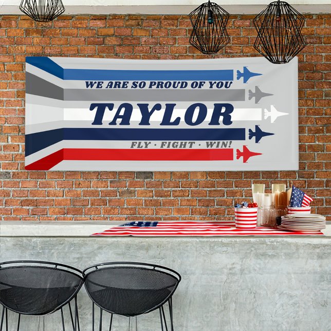 Bannière de fête d'adieu militaire des avions à ré (Patriotic gray US Air Space Force jet plane Airman Name BMT going away party banner decoration)