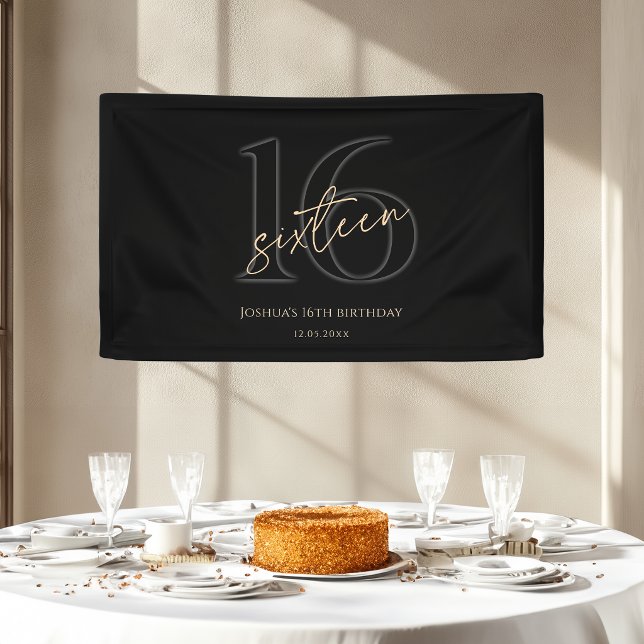 Bannière de fête d'anniversaire 16 ans Modern Blac (Créateur téléchargé)