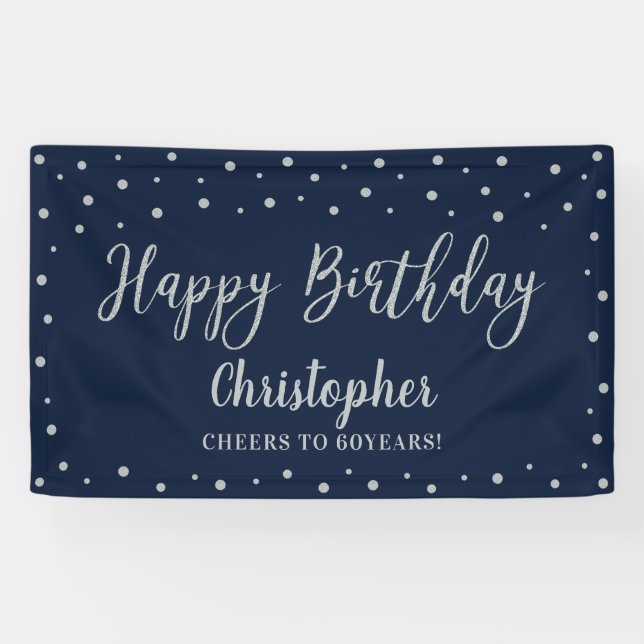 Bannière de fête d'anniversaire bleu marine et arg (Horizontal)