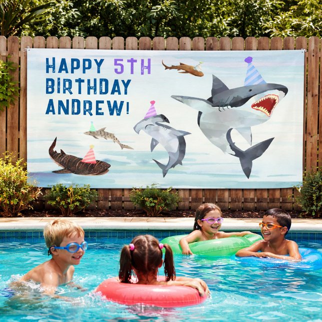 Bannière de fête d'anniversaire de requin pour une (Créateur téléchargé)