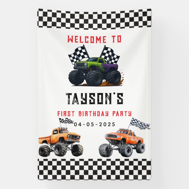 Bannière de fête d'anniversaire Monster Trucks 1er (Verticale)