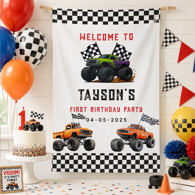 Bannière de fête d'anniversaire Monster Trucks 1er (Monster Trucks 1st Birthday Party Banner – Vroom
)