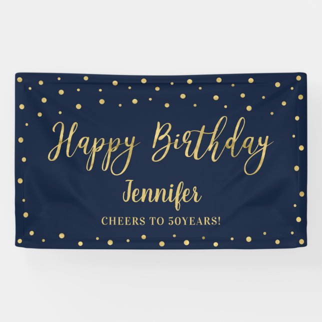 Bannière de fête d'anniversaire Or & Navy (Horizontal)