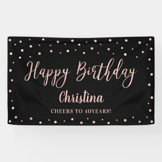Bannière de fête d'anniversaire Rose Gold & Noir (Horizontal)