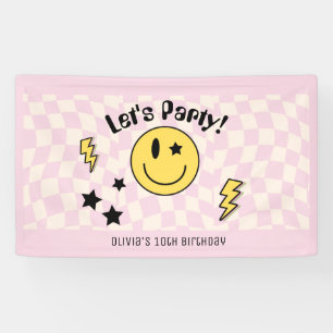 Bannière de fête d'anniversaire rose rétro mignonn