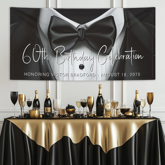 Bannière de fête d'anniversaire Smoking pour Homme (Mens tuxedo birthday party and any event banner. Add your details for your event.)