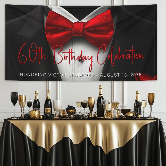 Bannière de fête d'anniversaire Smoking Rouge Noir (Mens red and black tuxedo birthday party and any event banner. Simply add your event details.)