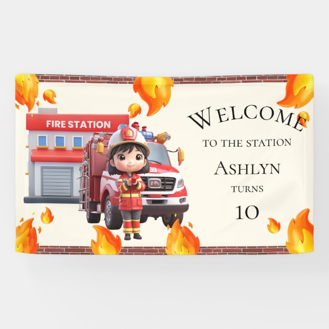 Bannière de fête de camion de pompiers Kawaii mign (Horizontal)
