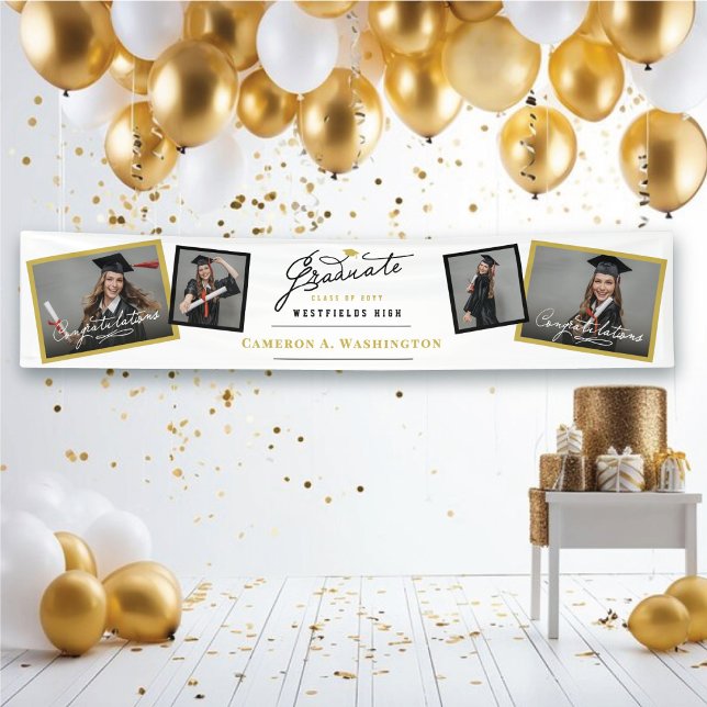 Bannière de fête de fin d'études de script de fin  (Stylish Handwriting Script Graduate Photo Graduation Party Banner @ www.zazzle.com/color_therapy)