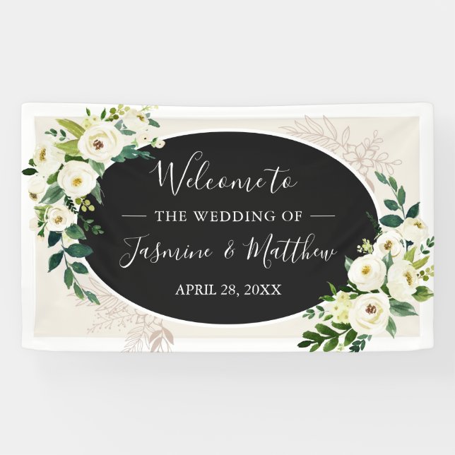 Bannière de fête de mariage floral verdure ivoire (Horizontal)