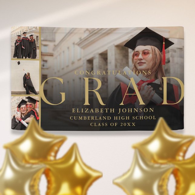 Bannière de fête de remise de diplômes moderne en  (Gold Photo Collage Modern Graduation Party Banner)