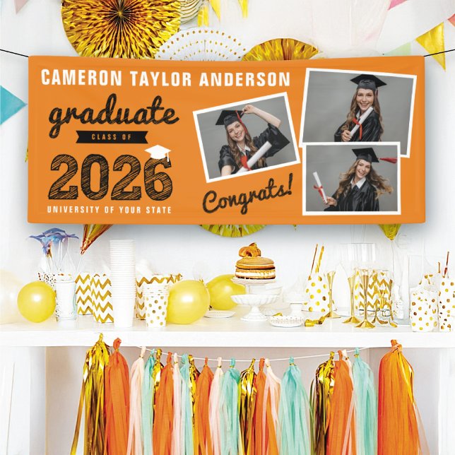 Bannière de fête de remise des diplômes 2026 Bold  (2026 Orange And Black Sketch, 3 Photo Modern Graduation Party Banner @ www.zazzle.com/color_therapy)