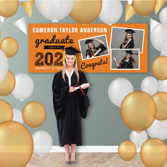 Bannière de fête de remise des diplômes 2026 Bold  (20YY Orange And Black Sketch, 3 Photo Modern Graduation Party Banner @ www.zazzle.com/color_therapy)