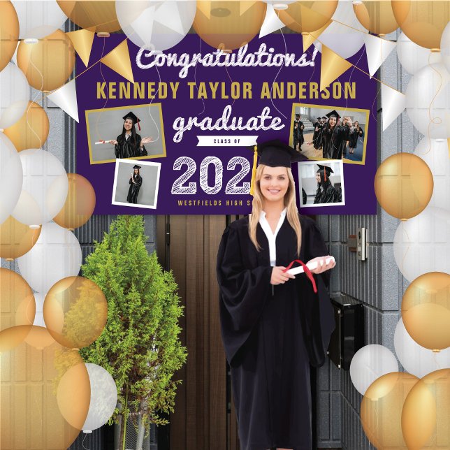 Bannière de fête de remise des diplômes 2026 Bold  (20YY Purple & Gold Sketch 4 Photo Modern Graduation Party Banner @ www.zazzle.com/color_therapy)
