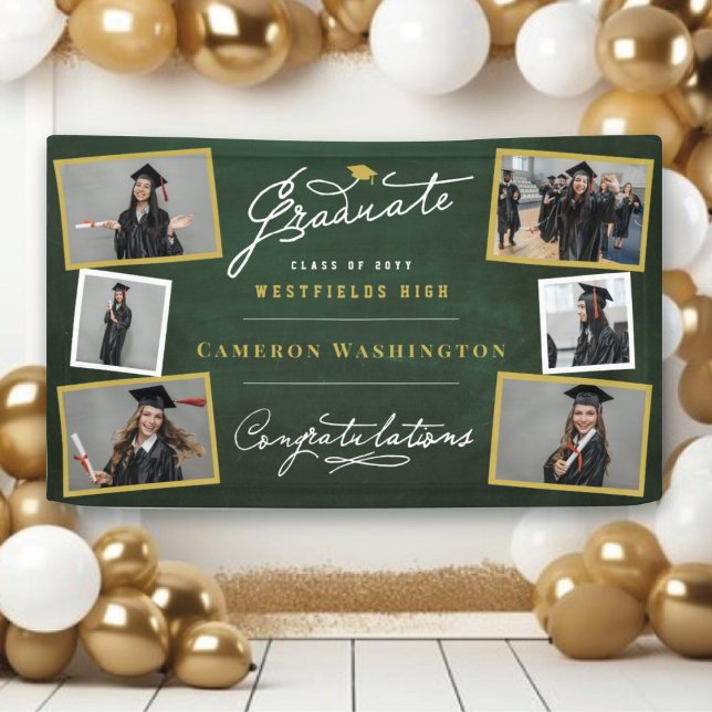 Bannière de fête de remise des diplômes 6 Photo Ch (Chalkboard Stylish Graduate Script 10 Photo Graduation Party Banner @ www.zazzle.com/color_therapy)