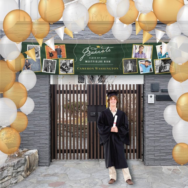 Bannière de fête de remise des diplômes moderne av (Stylish Graduate Script Retro Dark Green Chalkboard 10 Photo Graduation Party Banner @ fatfatin)