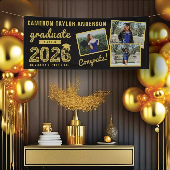 Bannière de fête de remise des diplômes moderne en (2026 Black And Gold Sketch 3 Photo Modern Graduation Party Banner @ www.zazzle.com/color_therapy)