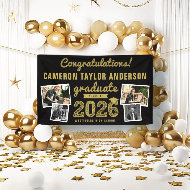 Bannière de fête de remise des diplômes Sketch Or  (2026 Black And Gold Sketch 4 Photo Modern Graduation Party Banner @ www.zazzle.com/color_therapy)