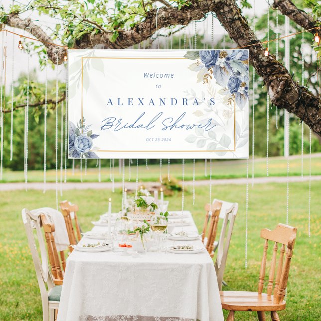 Bannière de Fête des mariées florale bleu Dusty (Dusty Blue Floral Bridal Shower Banner)