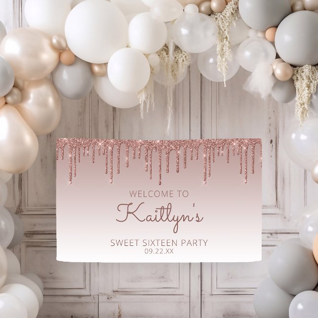 Bannière de fête Glam Rose Gold Glitter Drip Sweet (Créateur téléchargé)
