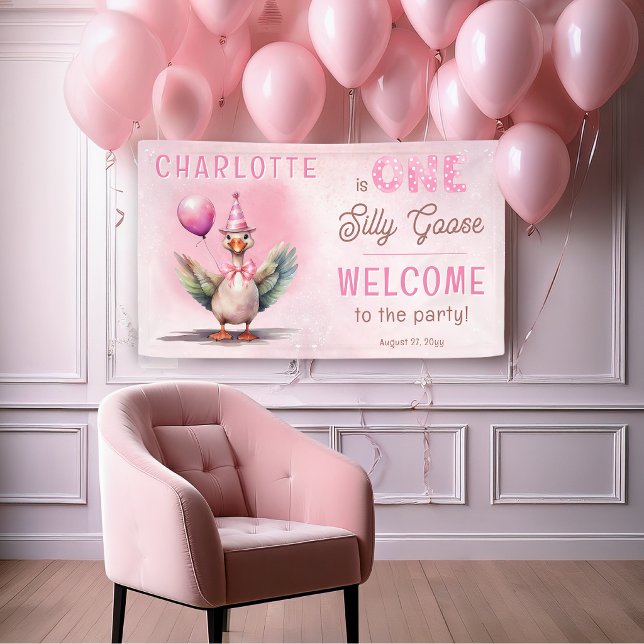 Bannière de fête pour le premier anniversaire de l (Silly goose birthday banner with pink watercolor design for a sweet party backdrop)