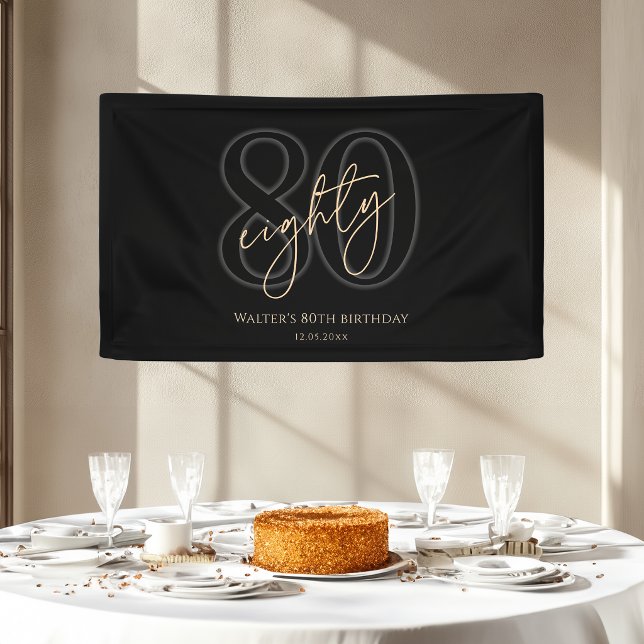 Bannière de fête pour les 80 ans de Black Gold Mod (Modern Black Gold 80th Birthday Party Banner)