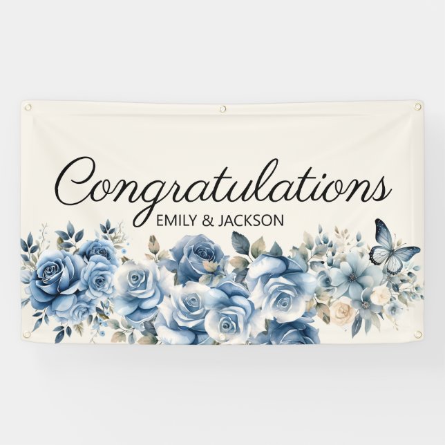 Bannière de fiançailles Papillons Floraux Bleu Pou (Horizontal)