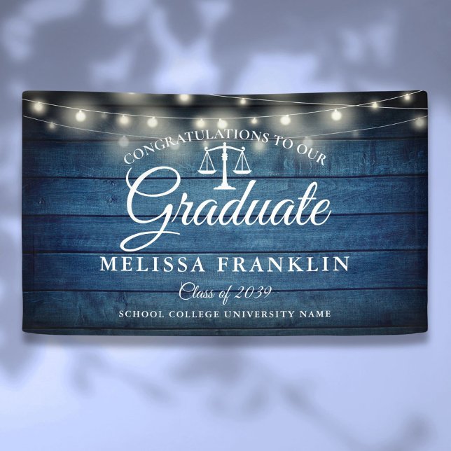 Bannière de fin d'études en faculté de droit avec  (Blue Wood String Lights Law School Graduation Bann Banner)