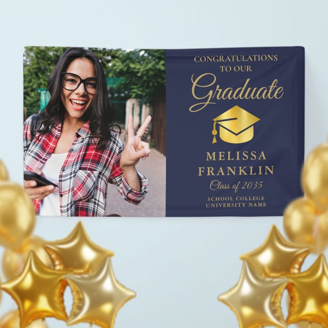 Bannière de graduation de la photo en or bleu mari (Elegant Navy Blue Gold Photo Graduation Banner)
