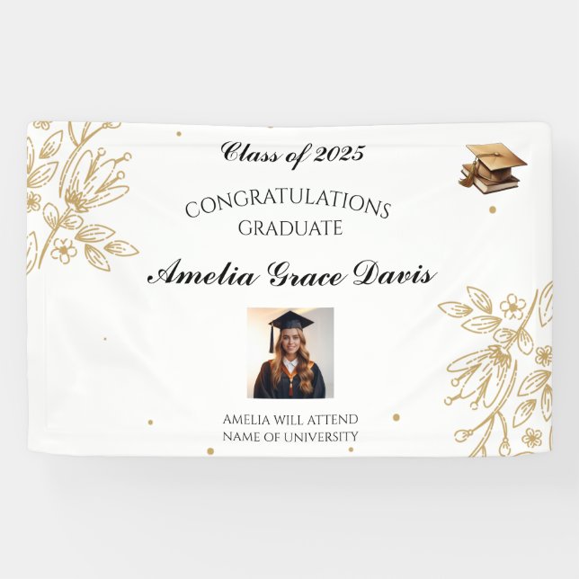 Bannière de graduation florale or élégant (Horizontal)