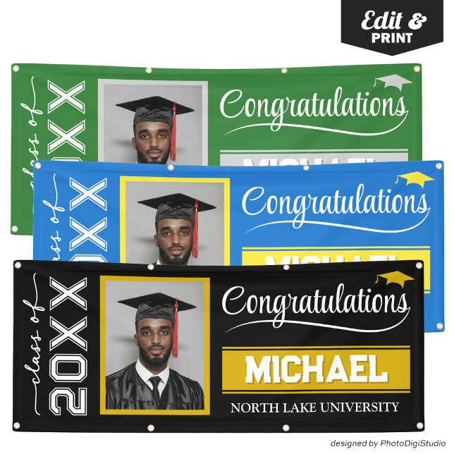 Bannière de graduation modifiable 2025 avec nom et (2025 Editable Graduation Banner with Name & School, Black and Gold Banner Outdoor Horizontal)