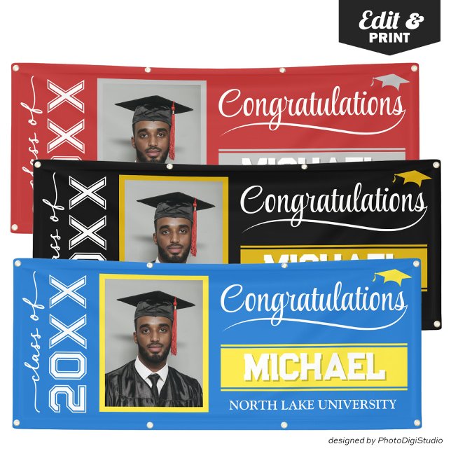 Bannière de graduation modifiable 2025 avec nom et (2025 Editable Graduation Banner with Name & School, Royal Blue and Yellow Banner Outdoor Horizontal)