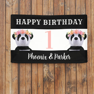 Bannière de la fête d'anniversaire Panda Twins