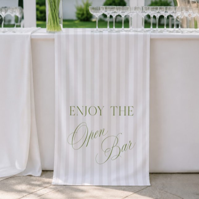 Bannière de mariage avec bar ouvert à rayures vert (Sage Green & Beige Stripe Wedding Open Bar Banner)