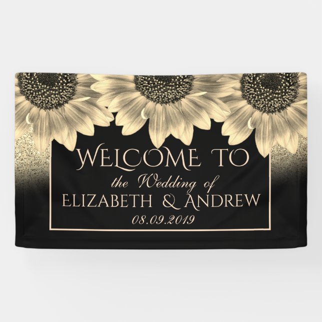 Bannière de mariage dorée, tournesols, paillettes (Horizontal)