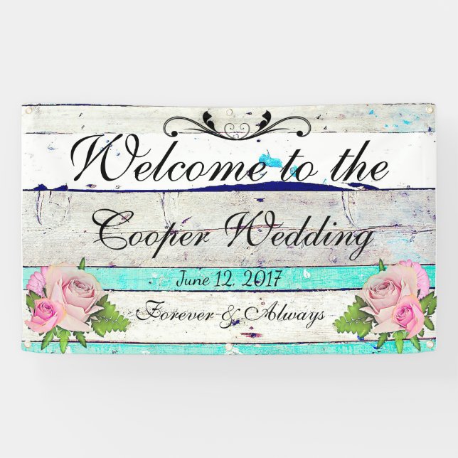 Bannière de mariage en bois rustique et fleurs (Horizontal)