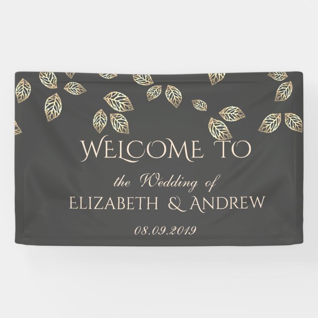 Bannière de mariage Feuilles dorées Élégantes et F (Horizontal)