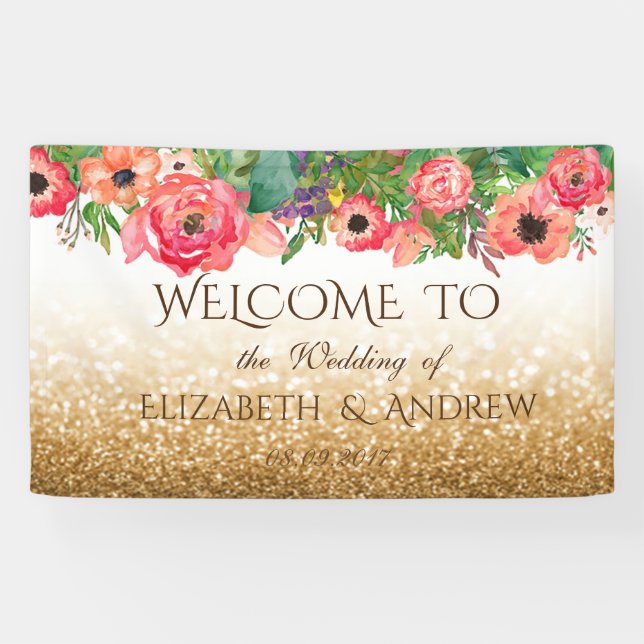 Bannière de mariage florale pailletée élégante (Horizontal)