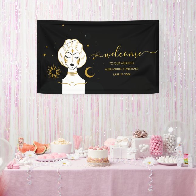 Bannière de mariage Soleil céleste Or Noir Mystiqu (Fête)