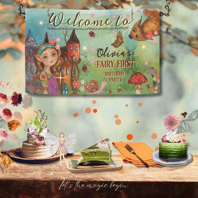 Bannière de mur pour premier anniversaire de Fée M (Magical Woodland Fairy First Birthday Wall Banner)